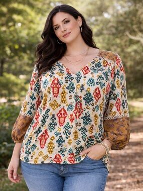 Farmers Market Boho Top Women 2X Plus Crochet Trim V-Neck Peasant Blouse